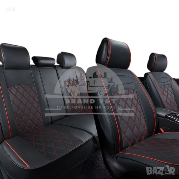 Тапицерия за автомобил от еко кожа, 5 части Черно/ червен кант, снимка 1
