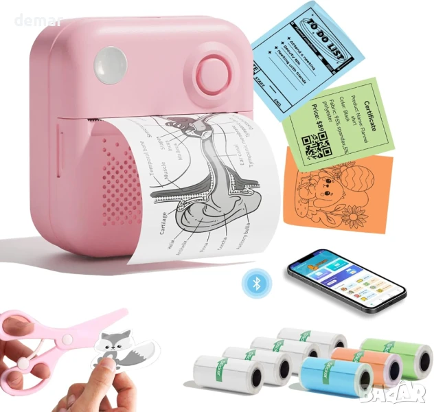 DOLEWA LX-D3 Мини преносим термопринтер с 8 ролки стикери, съвместим с iOS и Android, розов, снимка 1