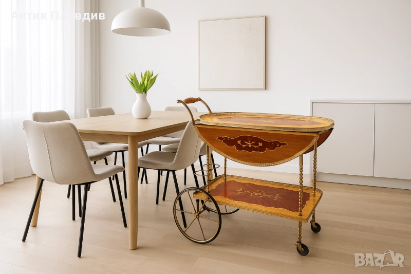 Старинна количка за сервиране с интарзия, снимка 1