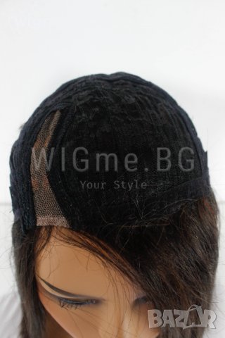 Тъмнокестенява перука от ЕСТЕСТВЕН косъм с медни кичури Селена, снимка 3 - Аксесоари за коса - 37879755