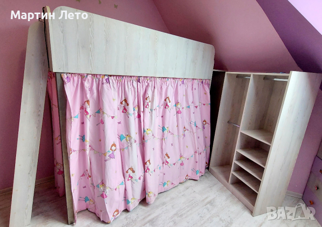 Двуетажно детско легло с гардероб+завеси.Единично+кът за игра или бюро, снимка 7 - Мебели за детската стая - 44674112
