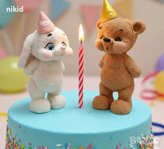 3d изправено Мече Зайче с празнична шапка силиконов молд форма фондан шоколад смола гипс свещ, снимка 3 - Форми - 52945772