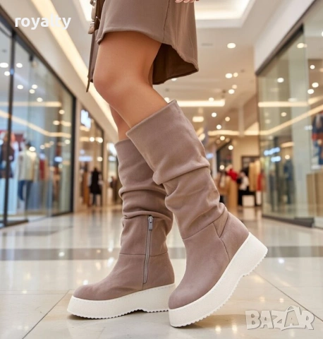 Равни ботуши - каки велур с бежово ходило, снимка 6 - Дамски ботуши - 53193618
