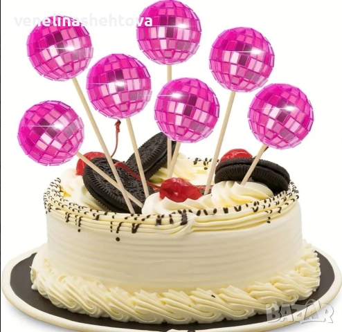 Тъмно розови огледални диско топки топчета на клечка за декорация торта мъфини 