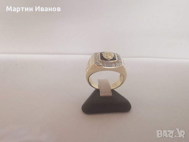 Златен мъжки пръстен с оникс и циркони , снимка 3 - Пръстени - 30831006