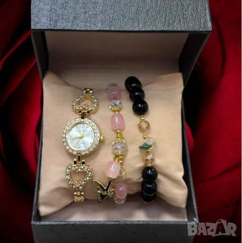 Елегантен дамски комплект - часовник с камъни цирконии и 2 броя гривни с естествени камъни, снимка 2 - Бижутерийни комплекти - 44535607