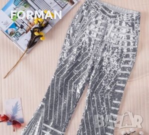 УНИКАЛЕН панталон в бяло със СРЕБРИСТИ пайети , снимка 3 - Панталони - 38621311