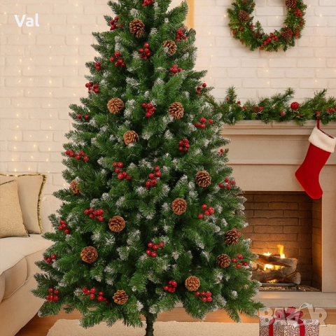 Изкуствена елха Luxury Diamond с червен глог и шишарки, снимка 5 - Декорация за дома - 52516288