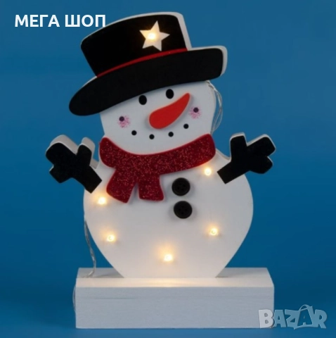 Светеща коледна украса във формата на снежен човек 25 см. Дървена LED декорация снежен човек с 6 LED, снимка 2 - Декорация за дома - 52590393