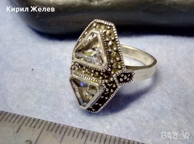 ШАРМАНТЕН СКЪПОЦЕНЕН СРЕБЪРЕН ПРЪСТЕН СРЕБРО 925 с БЯЛА ПОЗЛАТА ЛАБОРАТОРЕН МОЙСАНИТ МАРКАЗИТИ 48743, снимка 11 - Пръстени - 49346500