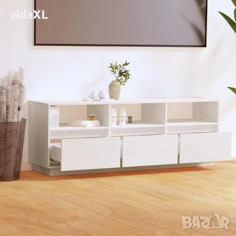 vidaXL ТВ шкаф, бял, 140x37x50 см, бор масив, снимка 3 - Шкафове - 56148012