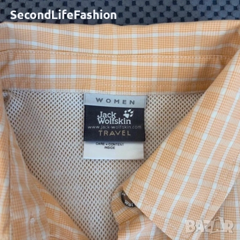 Дамска риза Jack Wolfskin Travel каре бяло-оранжева, с копчета, размер М, снимка 2 - Ризи - 52571868