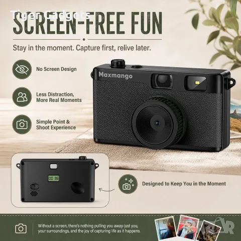 Maxmango D53 – Ретро цифров фотоапарат без екран, 4 филтъра и 8GB SD карта, снимка 3 - Фотоапарати - 56042740