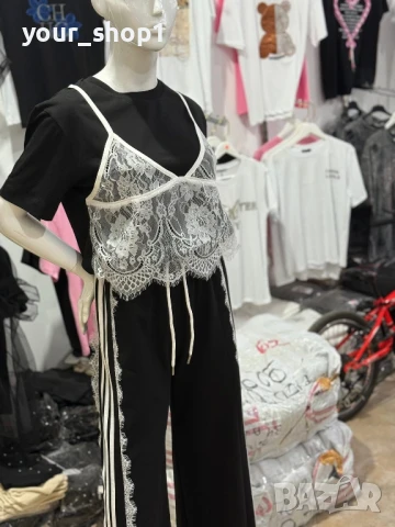 Панталон широк крачол с кантове и дантела тениска с дантелен потник корсет , снимка 1