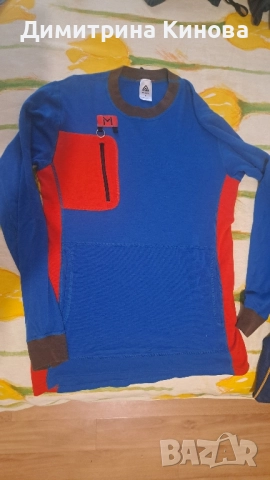 Спортна мъжка термо блуза с дълъг ръкав ,100 % вълна ,синя с оранжево ,външен джоб със цип 