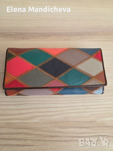 Дамски портфейл от многоцветни парчета естествена кожа с монетник 3 отделения за банкноти карти, снимка 2 - Портфейли, портмонета - 54017133