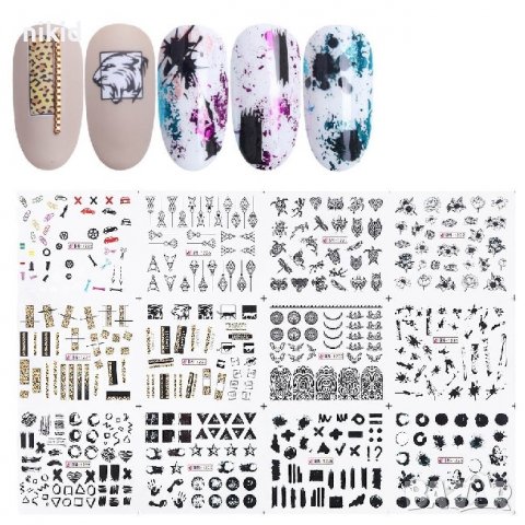 36 различни цветя геометрични цветни и черни бели слайдер татос ваденки водни стикери нокти маникюр, снимка 2 - Продукти за маникюр - 38135671