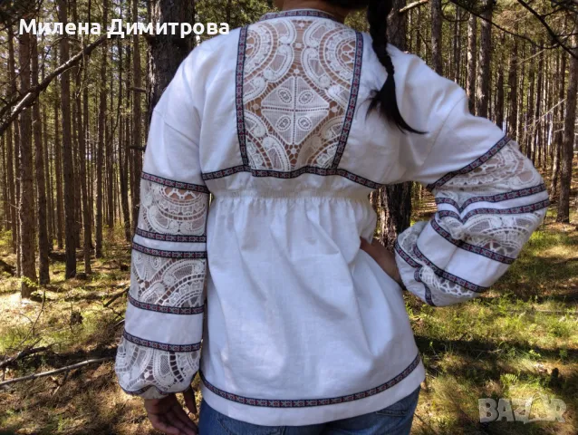 Памучна блуза с етно мотиви и брюкселска дантела , снимка 2 - Ризи - 49975755