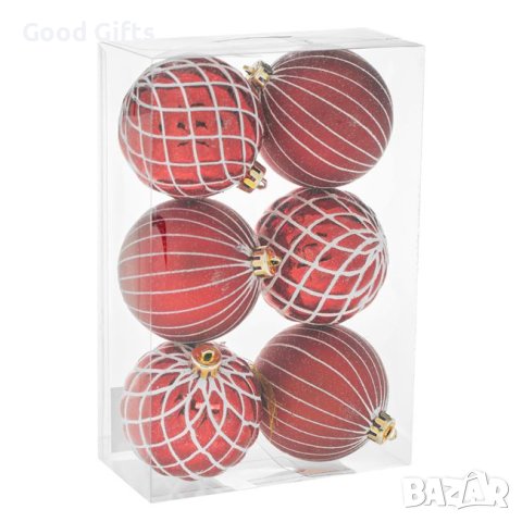 6 броя Комплект Червени коледни топки с декорация, 8см, снимка 2 - Други стоки за дома - 42673705