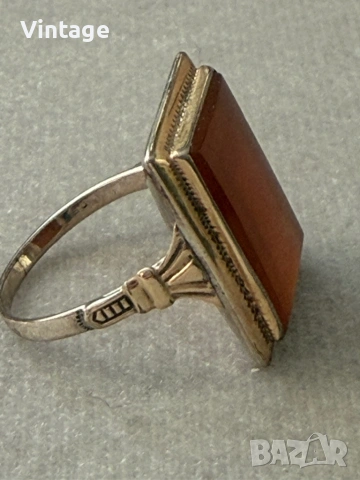 Разкошен сребърен позлатен пръстен с естествен камък Сердолик  , снимка 3 - Пръстени - 54306439