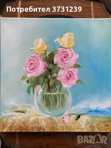 "Рози" - маслени бои, 40/40 см. Рамкирана, снимка 4 - Картини - 44710321