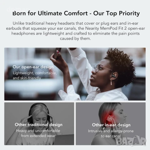 NEARITY MemPod Fit 2 Bluetooth слушалки с отворен уши, дълбок бас, до 45 часа, зареждащ калъф, снимка 3 - Безжични слушалки - 51159413
