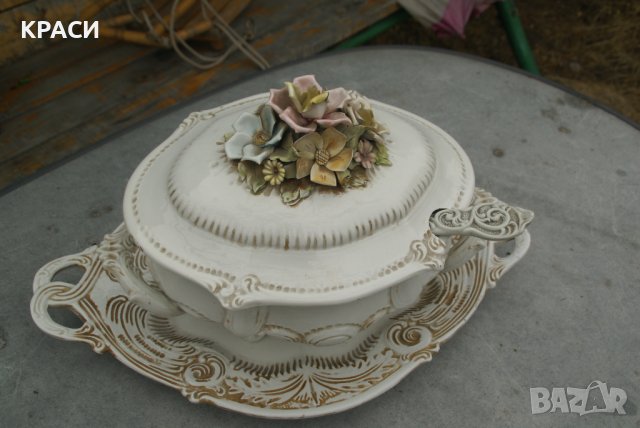 продавам старинен супник със бъркалка и поднос, снимка 2 - Антикварни и старинни предмети - 42143966