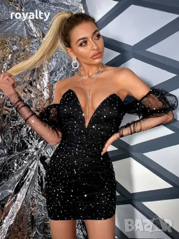 Черна блестяща рокля с камъчета и секси деколте, снимка 4 - Рокли - 49515386