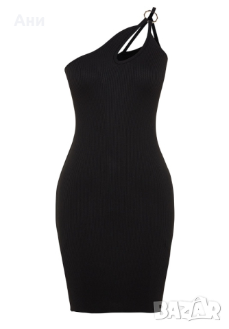 Черна къса рокля с едно рамо, снимка 2 - Рокли - 44702114