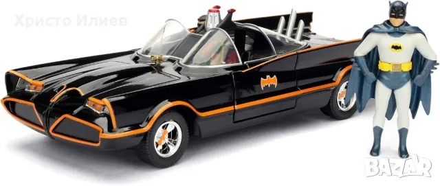 Батмобил Метална кола автомобил Batman Batmobile 1:24 Jada с фигура Батман Класически модел 1966год