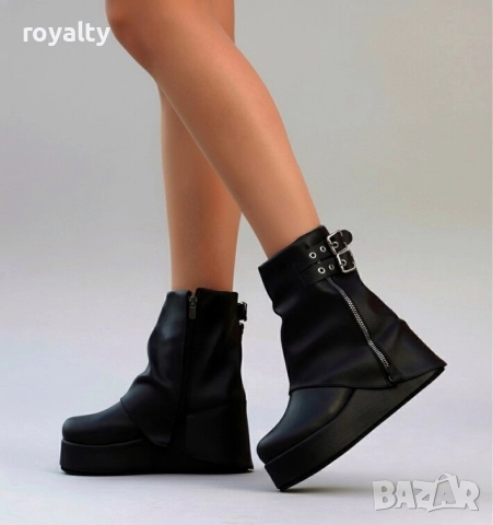 Боти на платформа - черна кожа