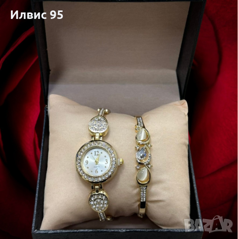Красив комплект от дамски часовник с гривна в елегантен дизайн с камъни цирконии 