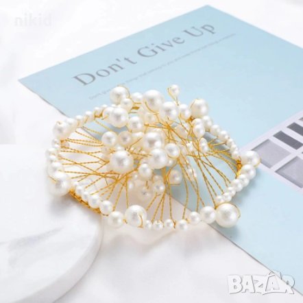 Метален златист обръч корона с перлени перли топер украса декор за торта, снимка 2 - Други - 30720888