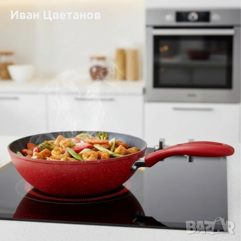 Уок тиган Voltz OV54420A28 Ø28 см – мраморно незалепващо покритие, индукционен, червен