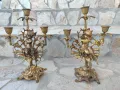 Комплект старинни испански тройни бронзови свещници с фигури на херувими , снимка 2