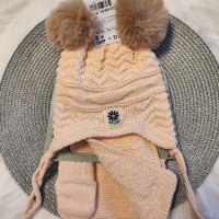 Зимен комплект шапка, шал и ръкавички за момиче зайче 0-18м, снимка 5 - Бебешки шапки - 38558547