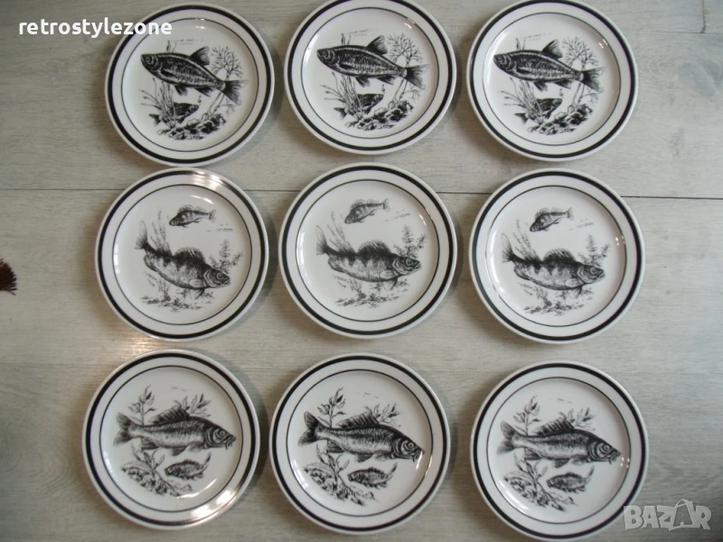 № 8071 комплект 9 броя стари порцеланови чинии - COLDITZ  - илистрюцация - риби - печат / маркировка, снимка 1