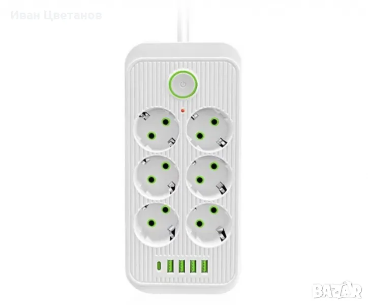 ,Разклонител 220V с 6 гнезда, 4 USB порта + 2xType C, Digital One SP00985, Бял, 1.5 м, 2500W, с ключ, снимка 1