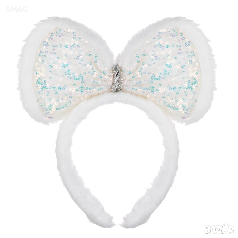 Коледна диадема с бяла пухкава панделка, иридисцентни пайети и камъчета_1242803, снимка 1