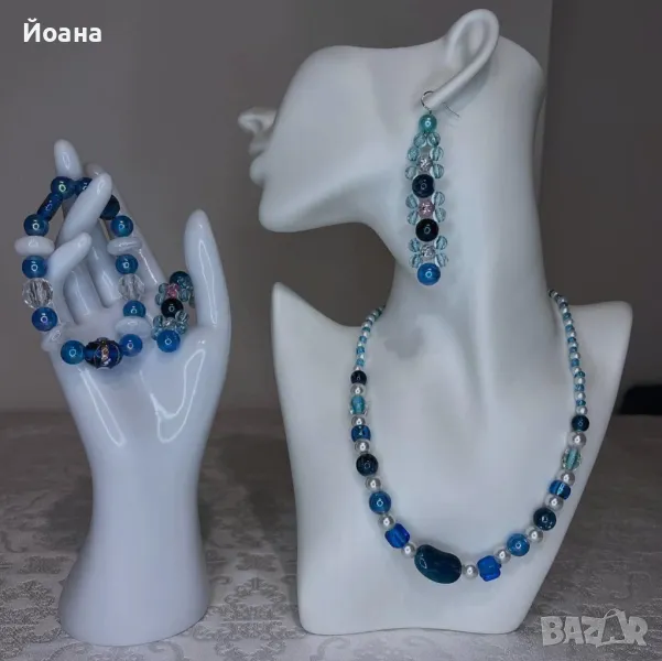 Ръчно изработен комплект бижута - гривна, обеци и гердан. Син морски , снимка 1