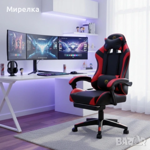 ПРОМООО !!! Удобен геймърски стол с поставка за крака и масажна лумбална възглавница, Черно-червен, снимка 2 - Столове - 53998998
