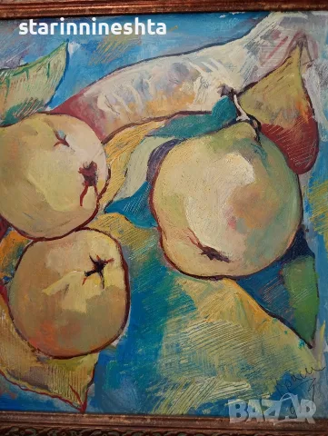 Стара картина Натюрморт с дюли – художник Красимир Мешелев (1960–2006 г.), снимка 2 - Антикварни и старинни предмети - 56173536