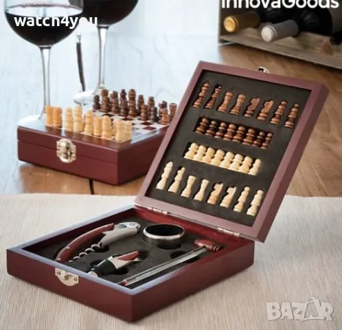 НОВ КОМПЛЕКТ АКСЕСОАРИ ЗА ВИНО В ЛУКСОЗНА ДЪРВЕНА КУТИЯ. СЕТ ЗА ВИНО ШАХ. ШАХМАТНА ДЪСКА 2V1, снимка 2 - Други - 36416097