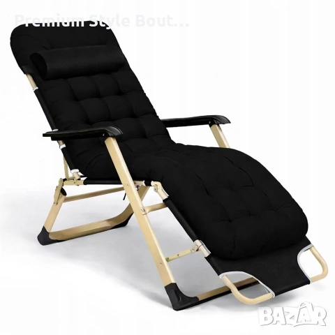 Луксозен градински шезлонг, сгъваем, със златиста рамка и черно ватирана възглавница, снимка 6 - Градински мебели, декорация  - 53891266