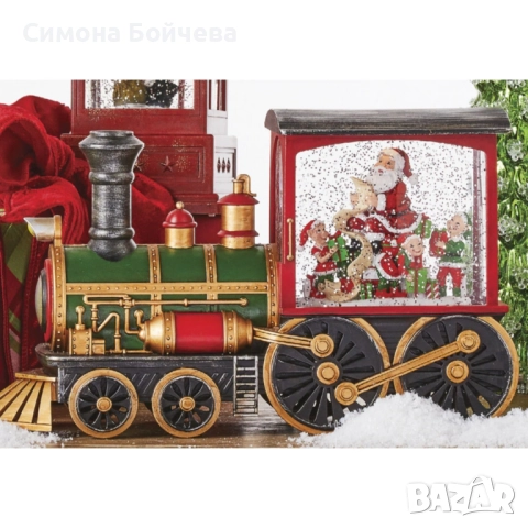 Коледна декоративна композиция „Влакът на Дядо Коледа“ с LED светлина, вода и брокат, снимка 2 - Декорация за дома - 52819355