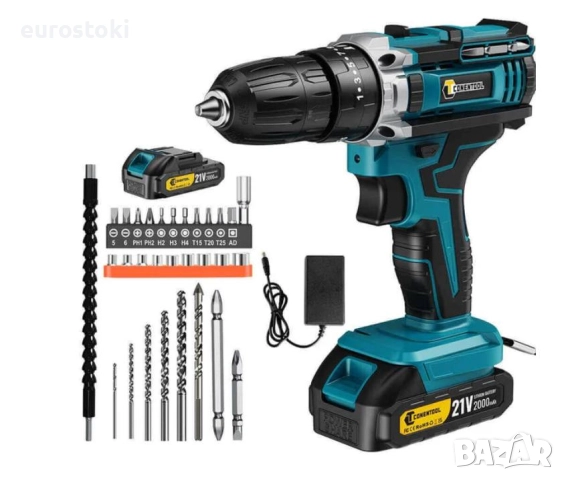 Conentool Комплект безжична бормашина и винтоверт 21V, електрическа отвертка с 2 батерии по 2000mAh