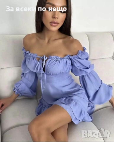 Дамска Синя Елегантна Къса Лятна Рокля С Паднали Рамене С Дълги Буфан Ръкави Код Верона6, снимка 3 - Рокли - 54002717