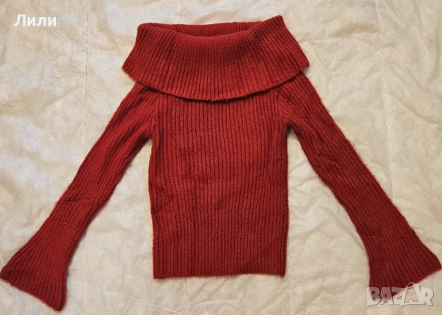 Дамски червен пуловер с отворени рамене, снимка 2 - Блузи с дълъг ръкав и пуловери - 52185946