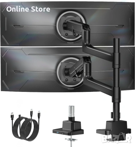 monTEK двойно рамо за монитори 17"–57" до 27 кг – VESA 75/100, газови пружини