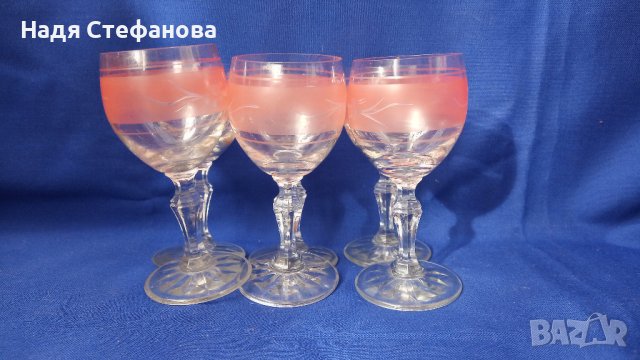 Разкошни ретро ракиени чаши, калиево стъкло, ръчна гравюра – 6 бр, снимка 3 - Чаши - 44496914